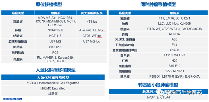K8官网原位移植模型、同种肿瘤移植模型、人源化肿瘤移植模型和转基因小鼠肿瘤模型清单